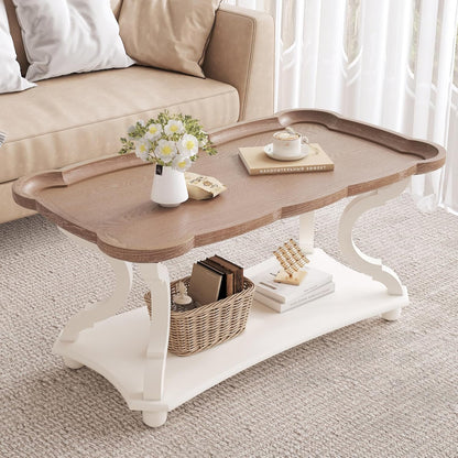 Farmhouse Coffee Table, Rustic White Cocktail Table with Storage Shelf, Sofa Table with Natural Tray Top and Carved Legs for Living Room Furniture Dining Room, Vintage White