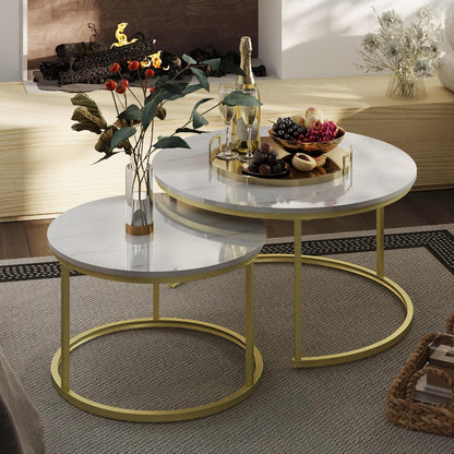 Nesting Tables Set of 2, 31.5" round Coffee Table, Small Nesting Coffee Table with Adjustable Non-Slip Fee, White Marble Top Stack Nesting Tables Set of 2 for Living Room, Bedroom (White)