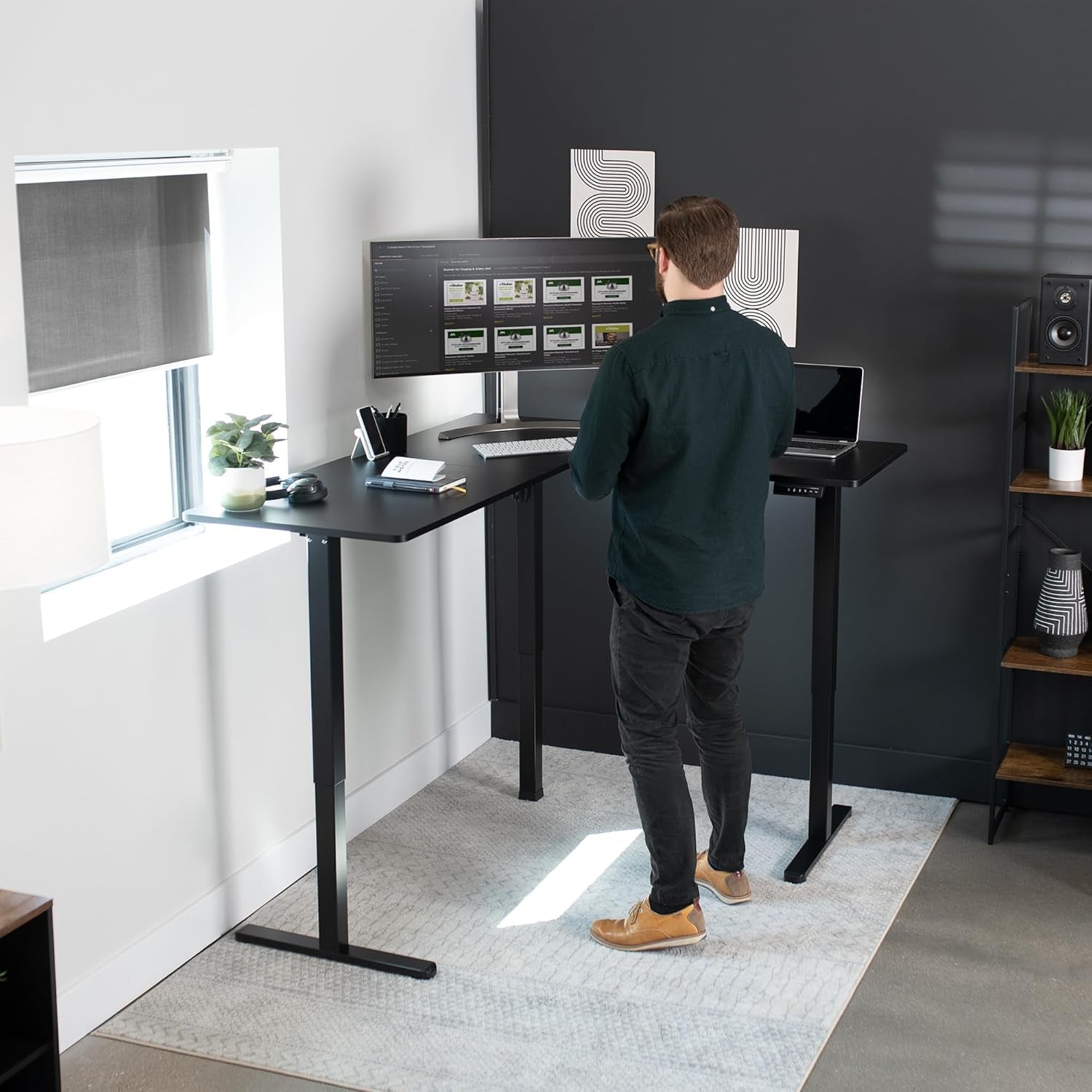 Corner Standing Desk, 63 X 55 Inch Reversible L-Shaped Workstation, Electric Height Adjustment, Home, Office, and Reception Rooms, Black Table Top Black Frame, DESK-E3CTB
