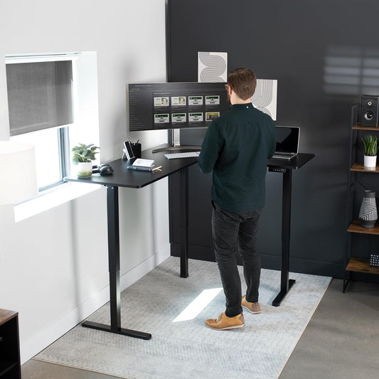 Corner Standing Desk, 63 X 55 Inch Reversible L-Shaped Workstation, Electric Height Adjustment, Home, Office, and Reception Rooms, Black Table Top Black Frame, DESK-E3CTB