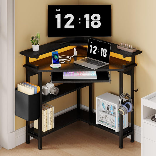 Black Corner Desk, 48" W X 35" H Gaming Desk with Power Outlets Small Computer Desk with LED Lights and Storage Shelves Office Desk with Keyboard Tray & Monitor Stand for Small Space