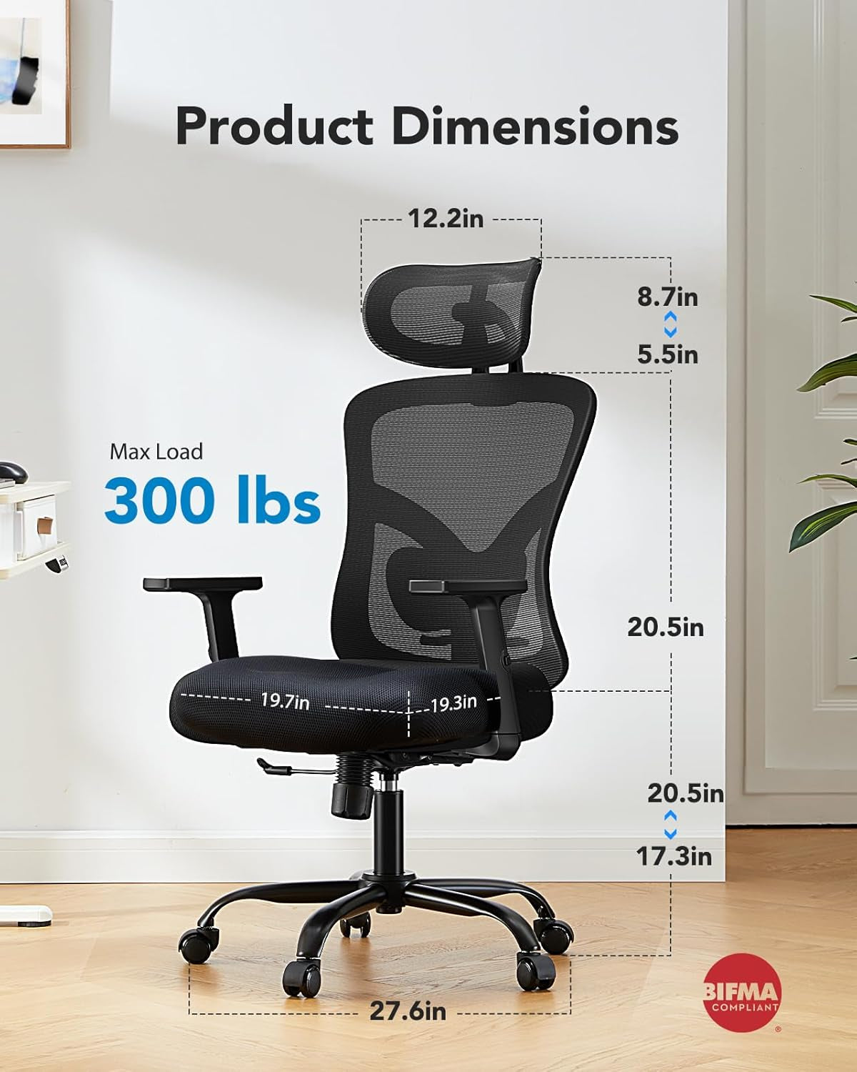 Ergonomic Office Chair, High Back Mesh Chair for Big and Tall People with Lumbar Support, Adjustable Headrest and Armrest, Thick Cushion & Tilt Function Recliner for Home Office Black