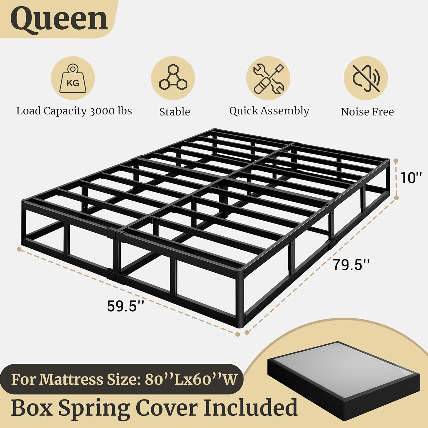 Queen Box Spring, 10 Inch High Profile Box Spring for Queen Bed, 3000 Lbs Heavy Duty Metal Frame Mattress Foundation with Fabric Cover, Easy Assembly-Noise Free