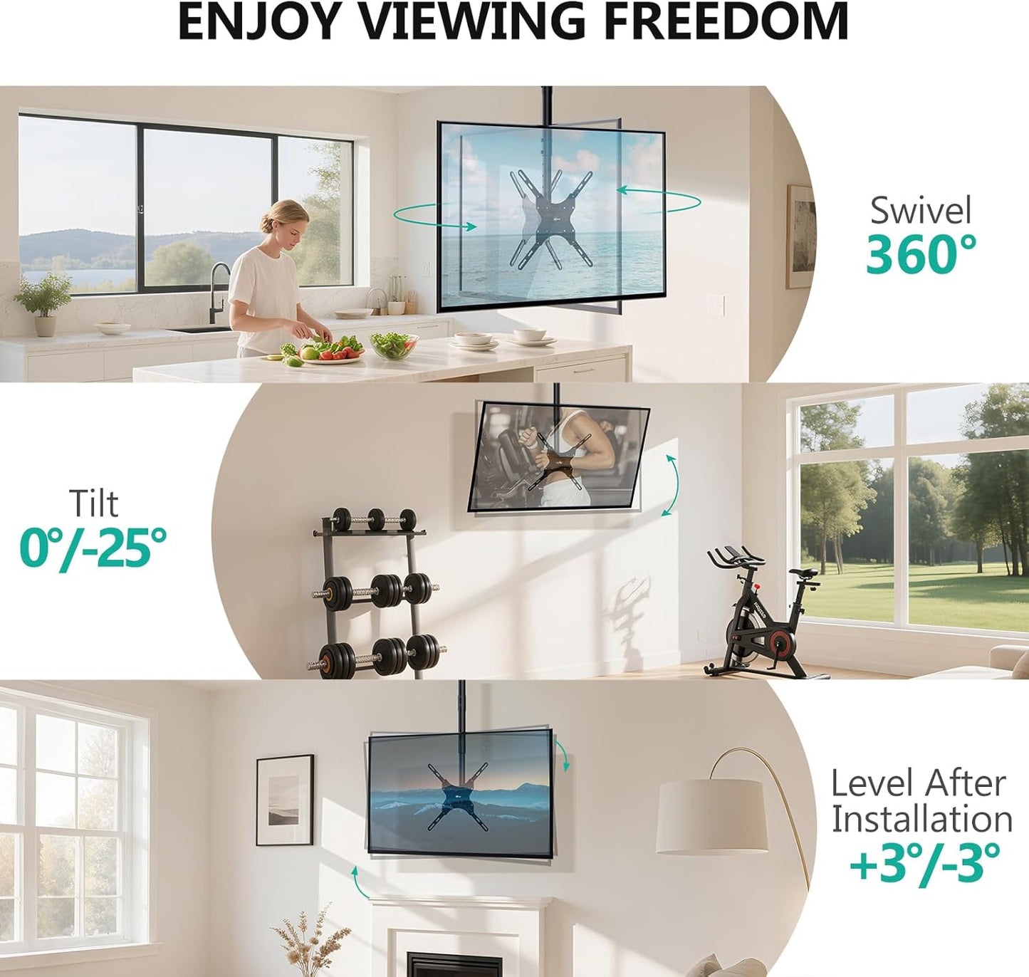 Ceiling TV Mount for 26-65 Inch LCD LED OLED 4K Tvs, Hanging Pole Ceiling Mount Tvs Bracket up Down, TV Mounts for Gym Patio Gazebo, up to 110Lbs, Max VESA 400X400Mm (CM2665), Black