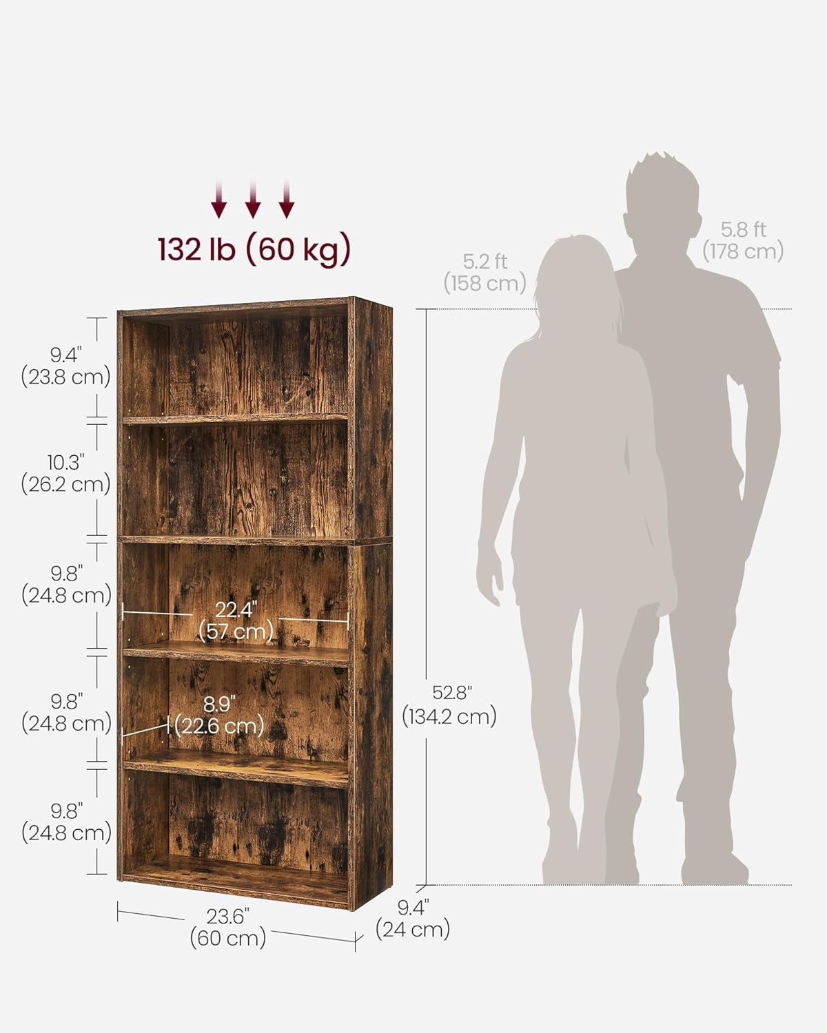 CUSTOS Collection - Bookshelf, 5-Tier Bookcase, Book Shelf, Open Storage Shelf, 9.4 X 23.6 X 52.8 Inches, for Living Room, Home Office, Dinning Room, Rustic Brown ULBC165X01