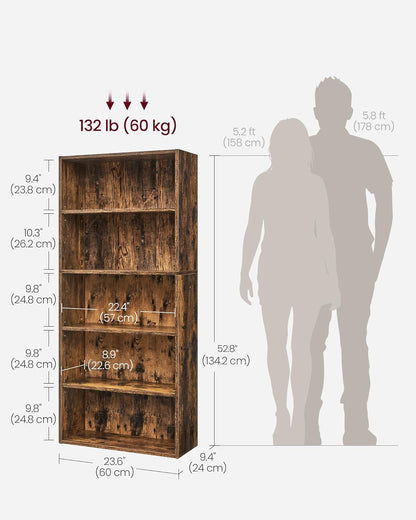 CUSTOS Collection - Bookshelf, 5-Tier Bookcase, Book Shelf, Open Storage Shelf, 9.4 X 23.6 X 52.8 Inches, for Living Room, Home Office, Dinning Room, Rustic Brown ULBC165X01