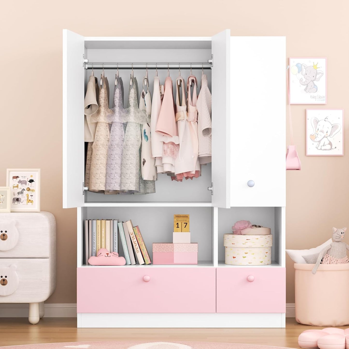 White Armoire Wardrobe Closet with Adjustable Storage Shelves and Drawers, Freestanding Wooden Wardrobe Cabinet Closet, Kids Bedroom Armoire with 3 Doors, Hanging Rod, Toy Storage for Kids' Room, Dorm