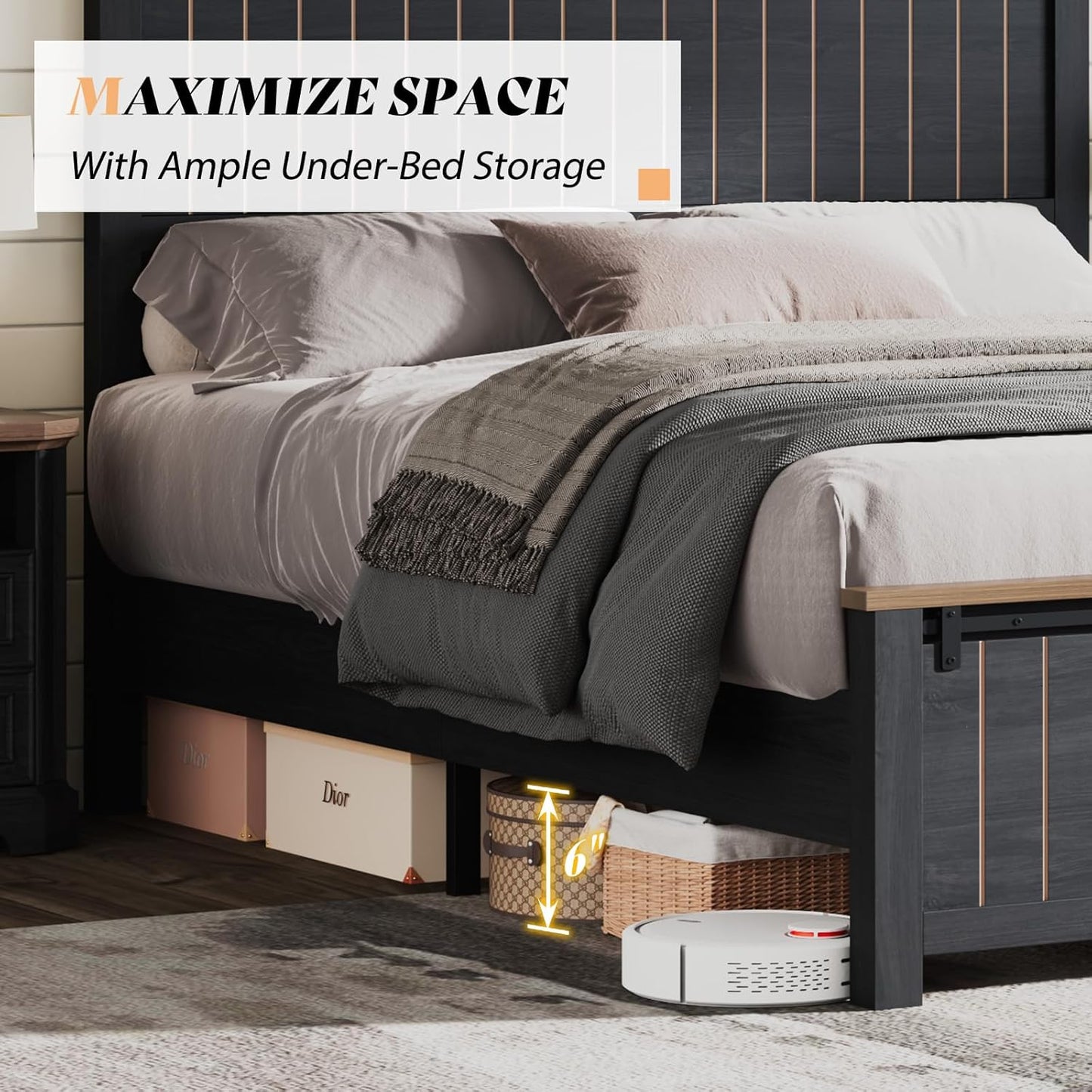 Farmhouse Queen Size Bed Frame with Sliding Barn Door, Wooden Rustic Platform Bed Frame with 47" Tall Headboard, Noise-Free, Solid Wood Slats & Metal Support, No Box Spring Needed, Dark Grey