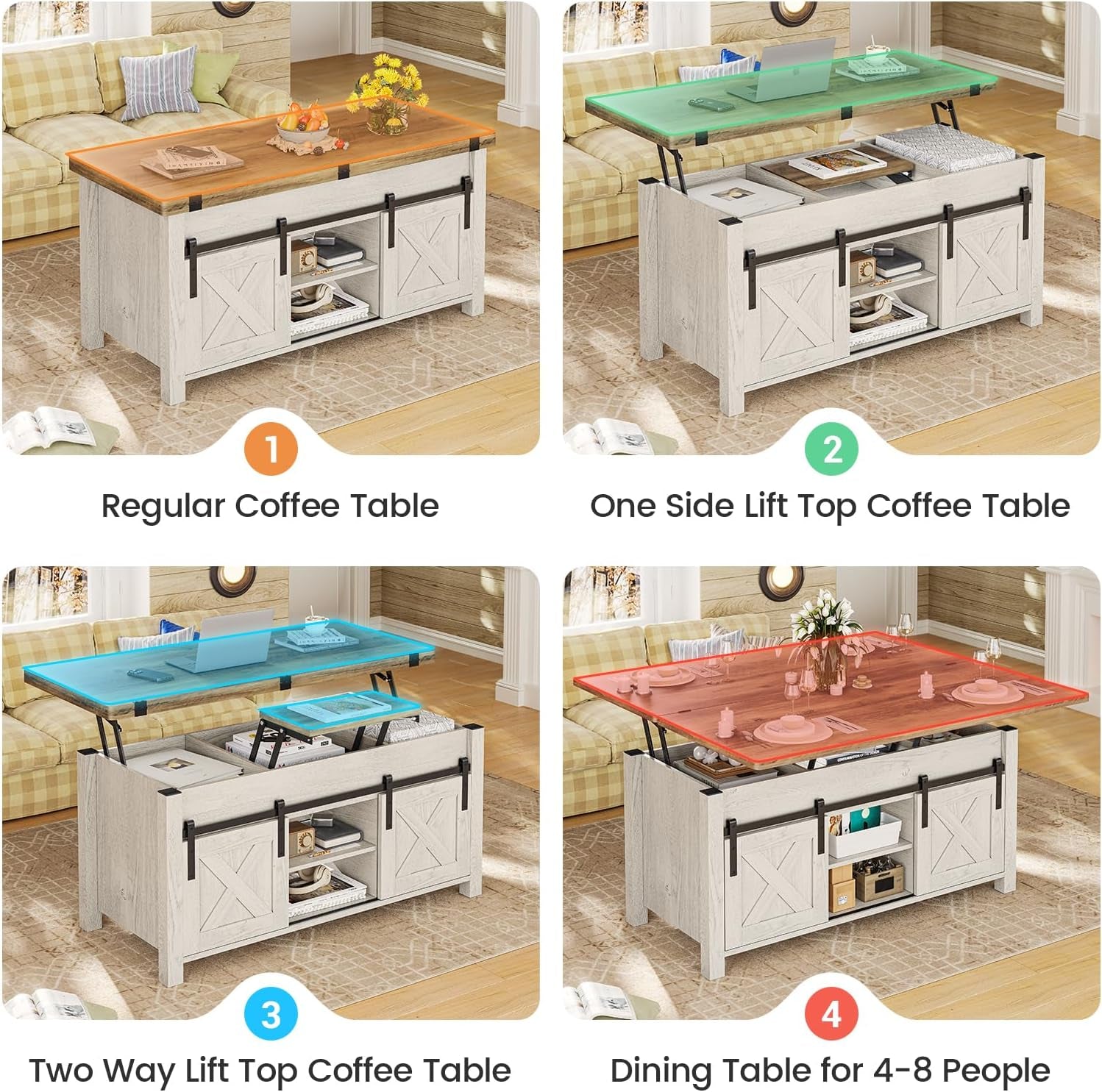 Lift Top Coffee Table, 4 in 1 Multi-Function Convertible Coffee Tables with Storage and Hidden Compartment, Farmhouse Coffee Table Converts to Dining Table for Living Room, Brown Top