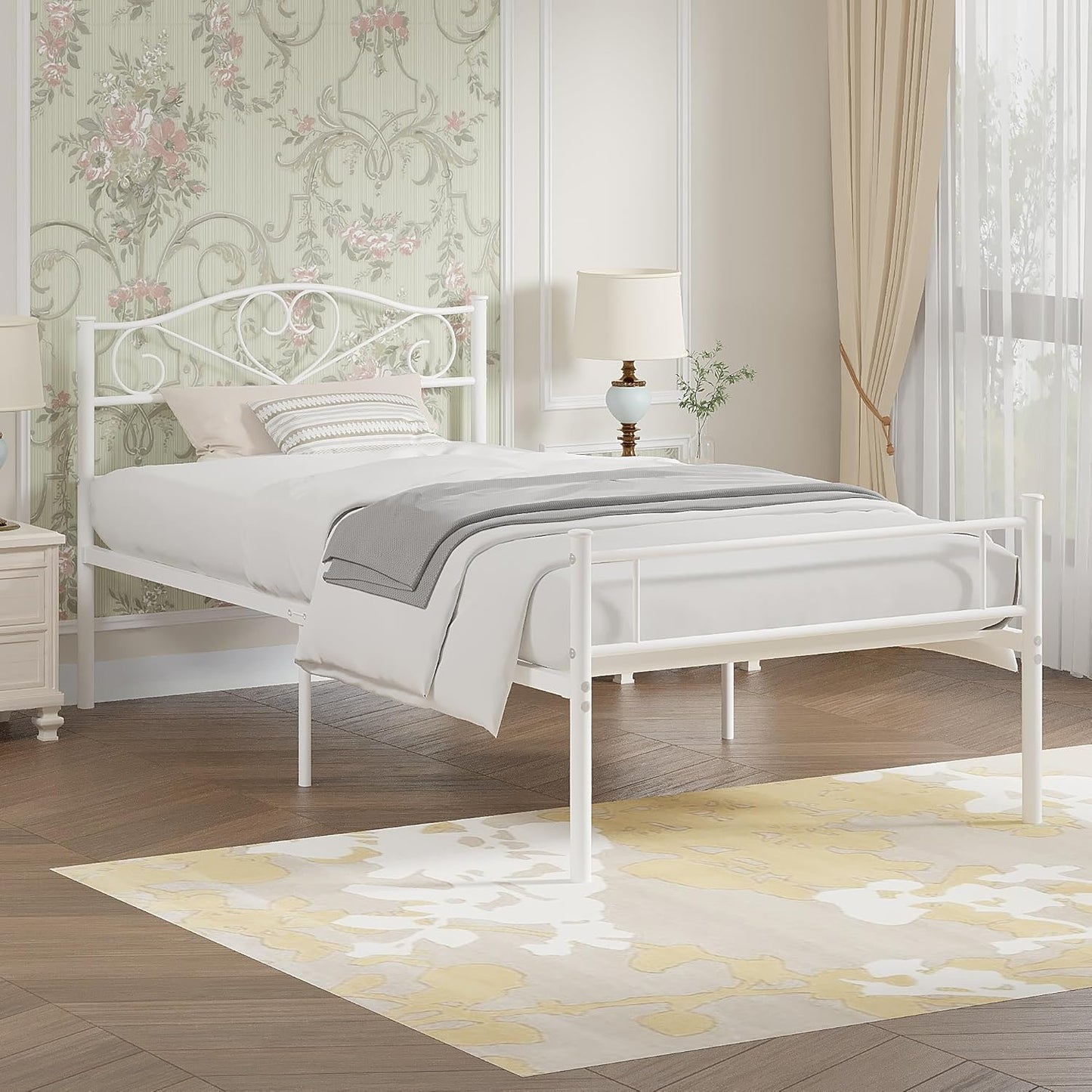 14 Inch Twin Size Metal Platform Bed Frame with Headboard and Footboard, Heavy Duty Mattress Foundation with Steel Slats Support, No Box Spring Needed, White