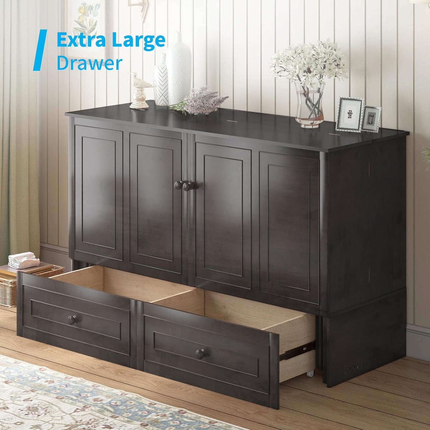 63" Width Queen Size Murphy Bed Cabinet with USB Charging Station, Modern Murphy Cabinet Beds with Drawers & Tri-Folding Mattress, Chest Cabinets Wall Beds for Home Apartment, Dark Grey