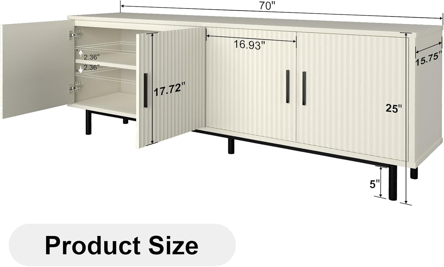 70" Modern TV Stand for Televisions up to 80 Inch, Entertainment Center with Storage, Cabinet with Fluted Door and Adjustable Shelf, Console Table and Media Furniture for Living Room, White