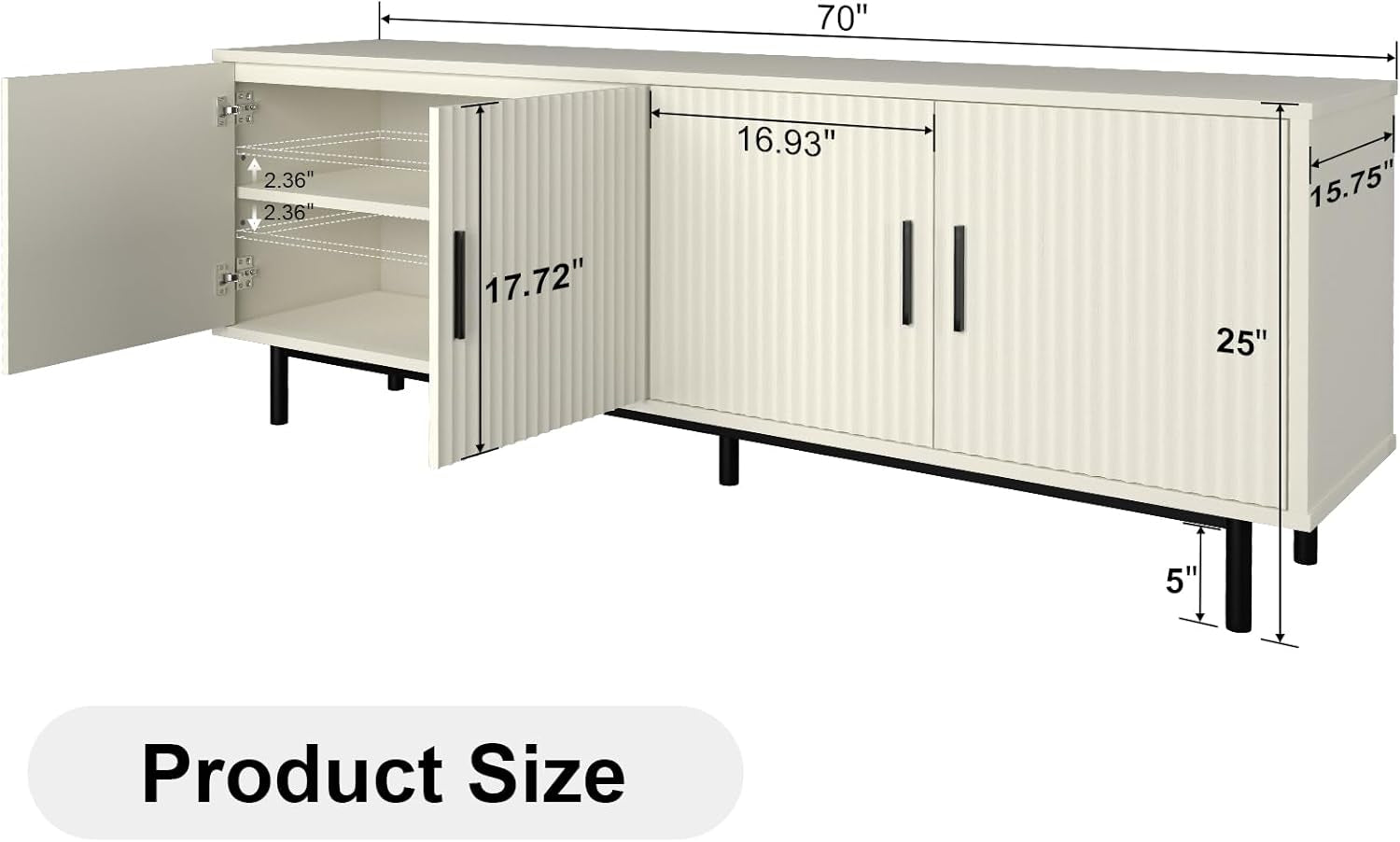 70" Modern TV Stand for Televisions up to 80 Inch, Entertainment Center with Storage, Cabinet with Fluted Door and Adjustable Shelf, Console Table and Media Furniture for Living Room, White