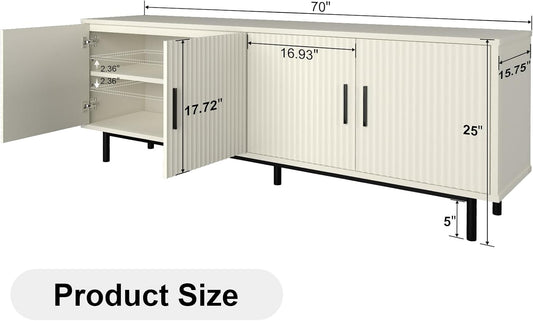 70" Modern TV Stand for Televisions up to 80 Inch, Entertainment Center with Storage, Cabinet with Fluted Door and Adjustable Shelf, Console Table and Media Furniture for Living Room, White
