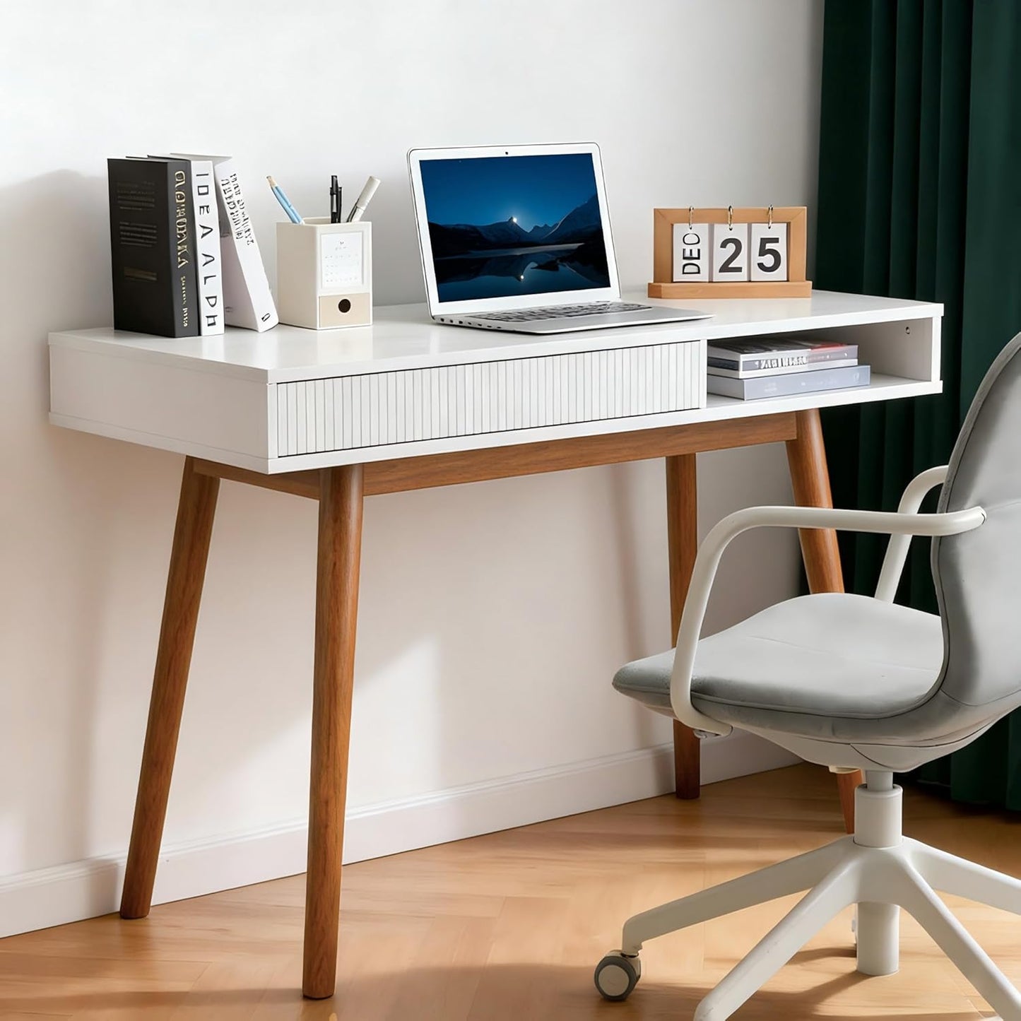 White Writing Desk with Drawers Mid Century Modern Desk, Wood Office Computer Desks for Small Space, White Desks with Walnut Legs