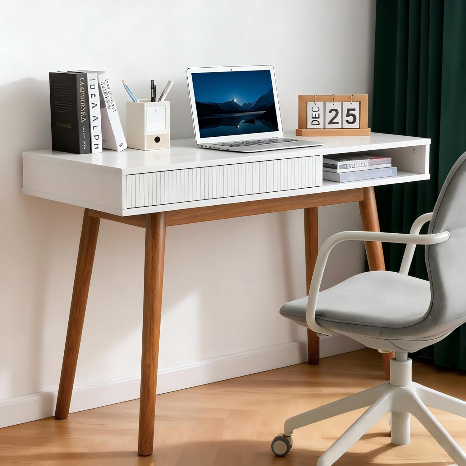 White Writing Desk with Drawers Mid Century Modern Desk, Wood Office Computer Desks for Small Space, White Desks with Walnut Legs