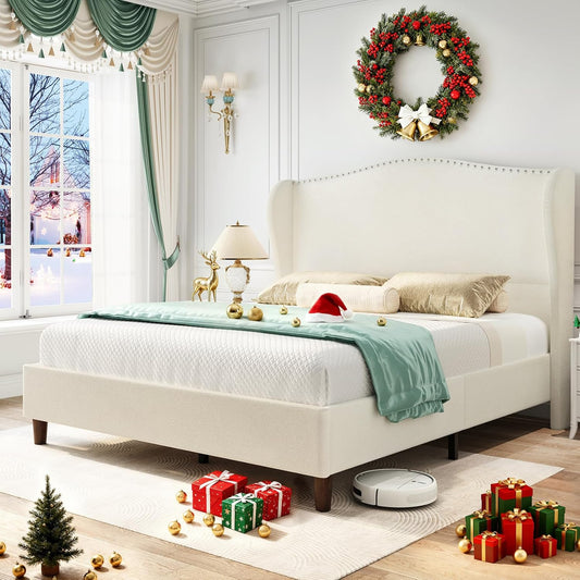 Queen Size Chenille Bed Frame with 52" Tall Headboard, Upholstered Platform Bed with Nailhead Trim Headboard Wingback, No Box Spring Needed, Wood Slats Support, Easy Assembly, Beige