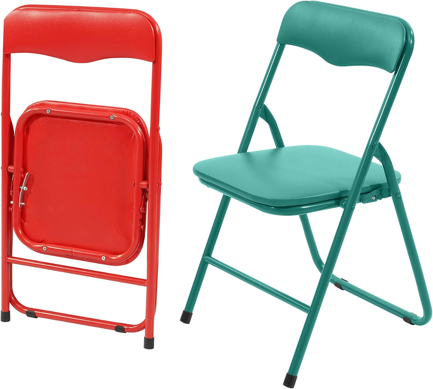2 Pcs Kids Desk Chair Foldable with Padded Seat & Back, Metal Frame for Toddler&Children, Indoor Outdoor Portabel Use for Playroom, Bedroom, Kitchen, Folding for Easy Storage, Green+Red