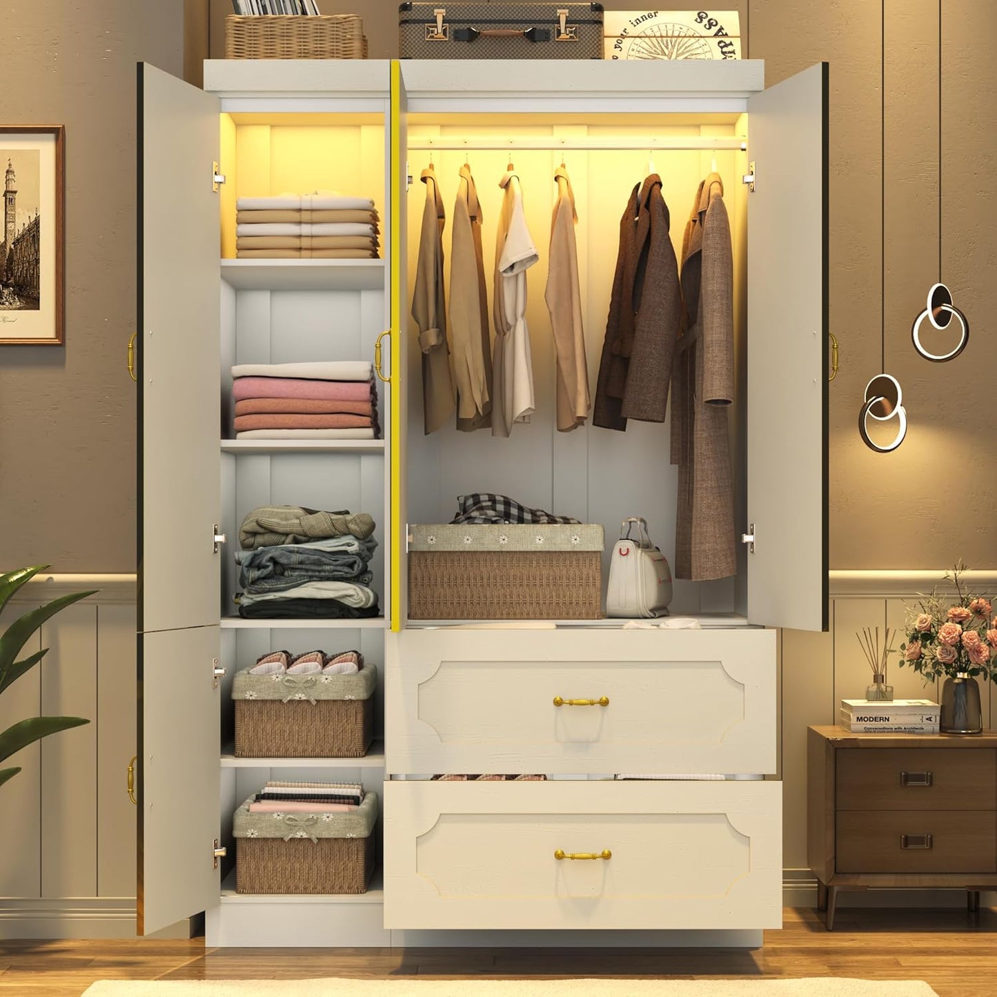 75" Tall 3 Doors Armoire Wardrobe Closet with Mirror and LED Light,Modern Freestanding White Wardrobe Armoire for Bedroom with Drawers,Modern Clothing Storage Cabinet for Bedroom(White)