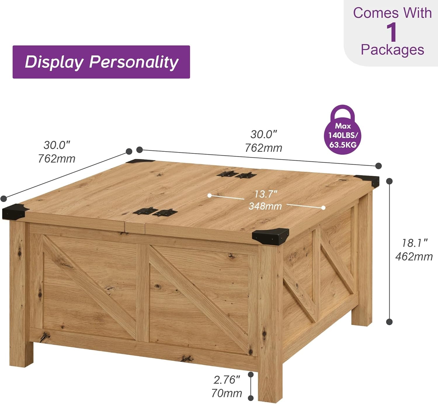 Square Farmhouse Coffee Table with Storage for Living Room, 30X30 Inch Wooden Dining Center Table with Gas Spring Flip-Top for Large Hidden Storage, Metal Wrapped Table Corners,Oak