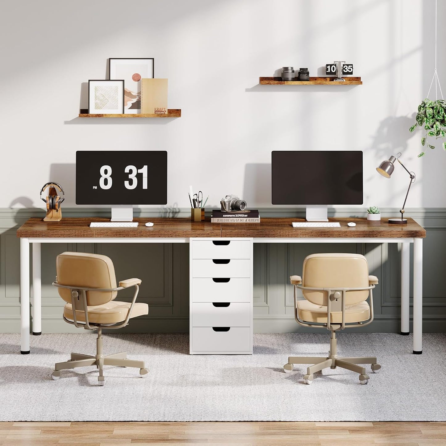 Two Person Computer Desk with 5 Drawers, 78.7 Inches Extra Long Double Office Desk, Modern Simple Double Computer Desk Study Writing Table Workstation for Home Office(Brown/White)