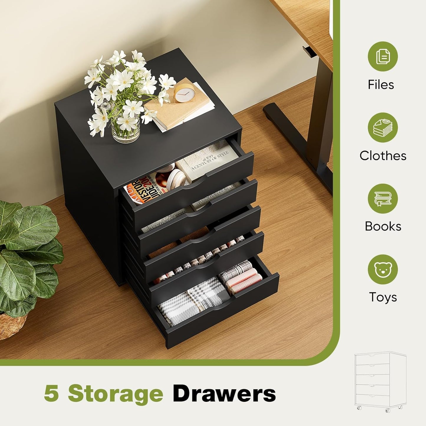 5 Drawer Chest Mobile Storage Cabinets Small Wooden Dresser with Wheels Room Organization Furniture for Office Home, Black Wood