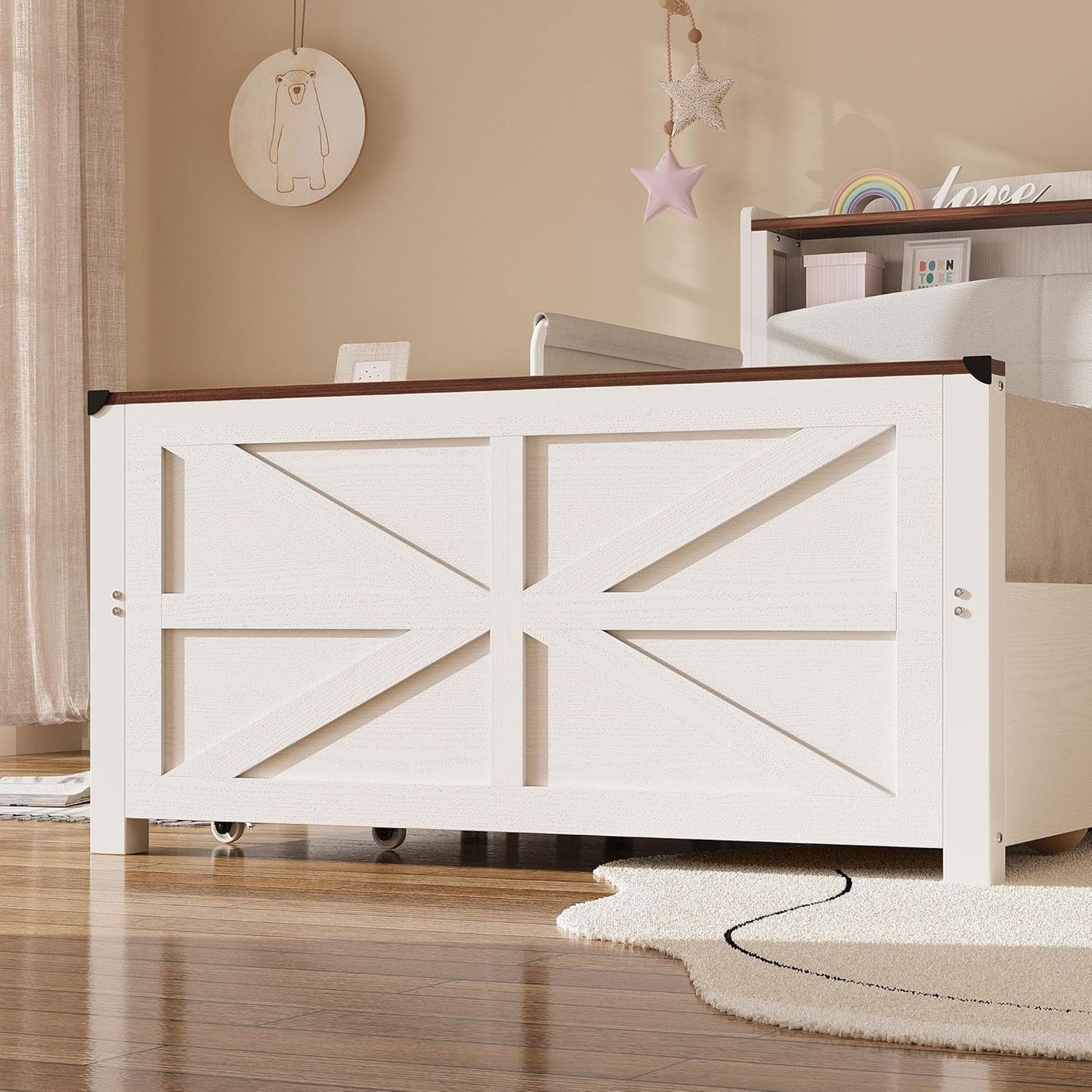 Twin Bed Frame with Rails, Farmhouse Platform Bed with 2 Drawers, Upholstered Storageheadboard & Charging Station for Boys Girls Teens, No Box Spring Needed, White/Walnut