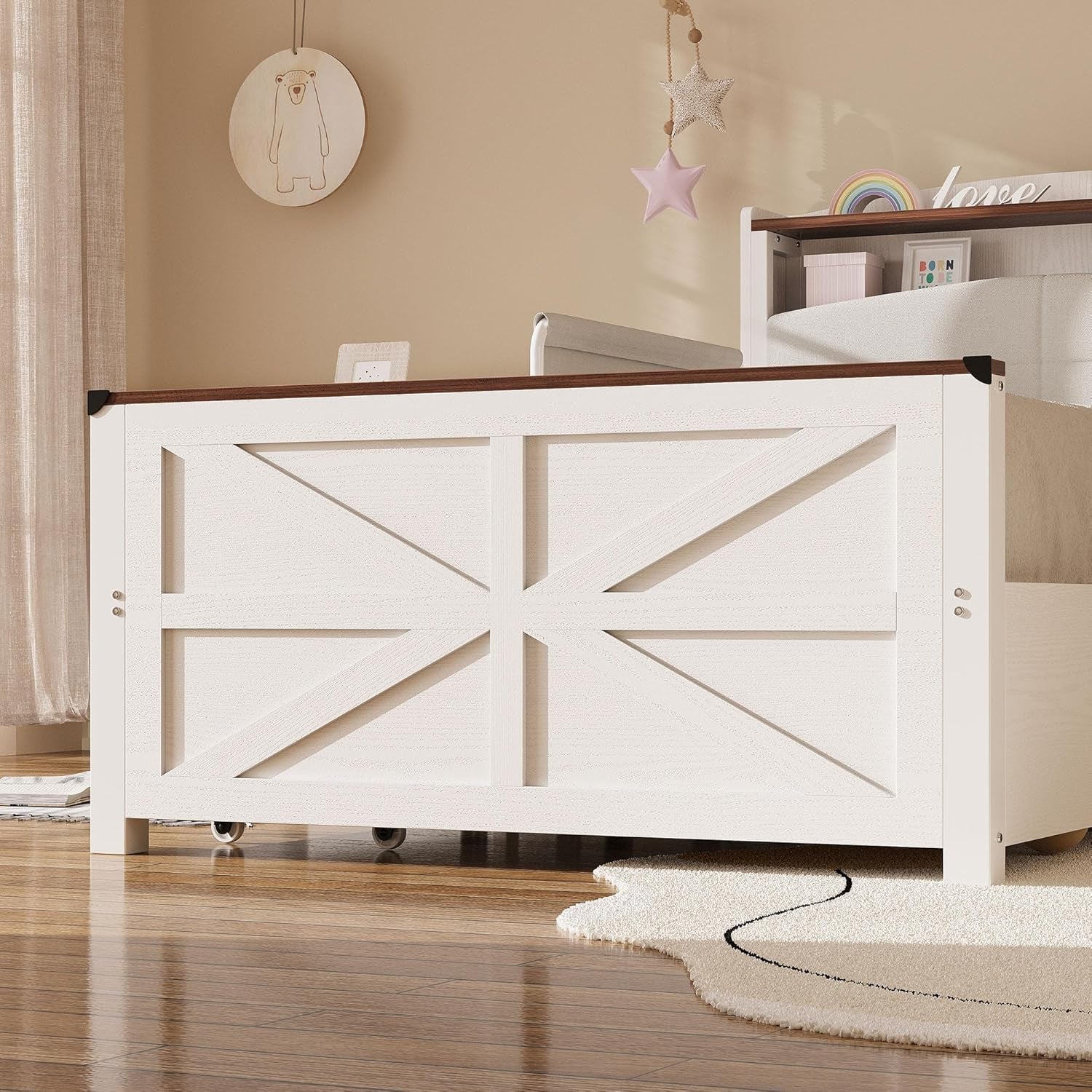 Twin Bed Frame with Rails, Farmhouse Platform Bed with 2 Drawers, Upholstered Storageheadboard & Charging Station for Boys Girls Teens, No Box Spring Needed, White/Walnut