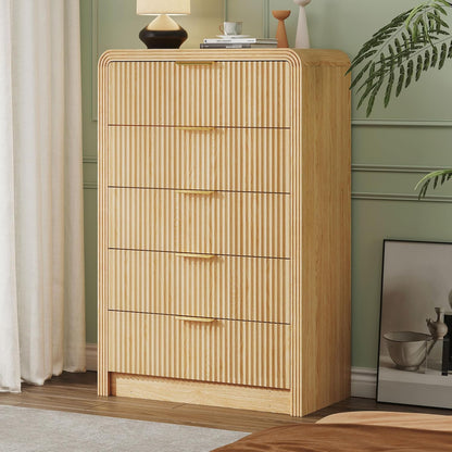 Fluted 5 Drawers Dresser, 48" Tall Modern Chest of Drawers with round Edge & Metal Handle, Wood Drawer Organizer for Living Room, Bedroom, Entryway, Hallway (Natural Oak)
