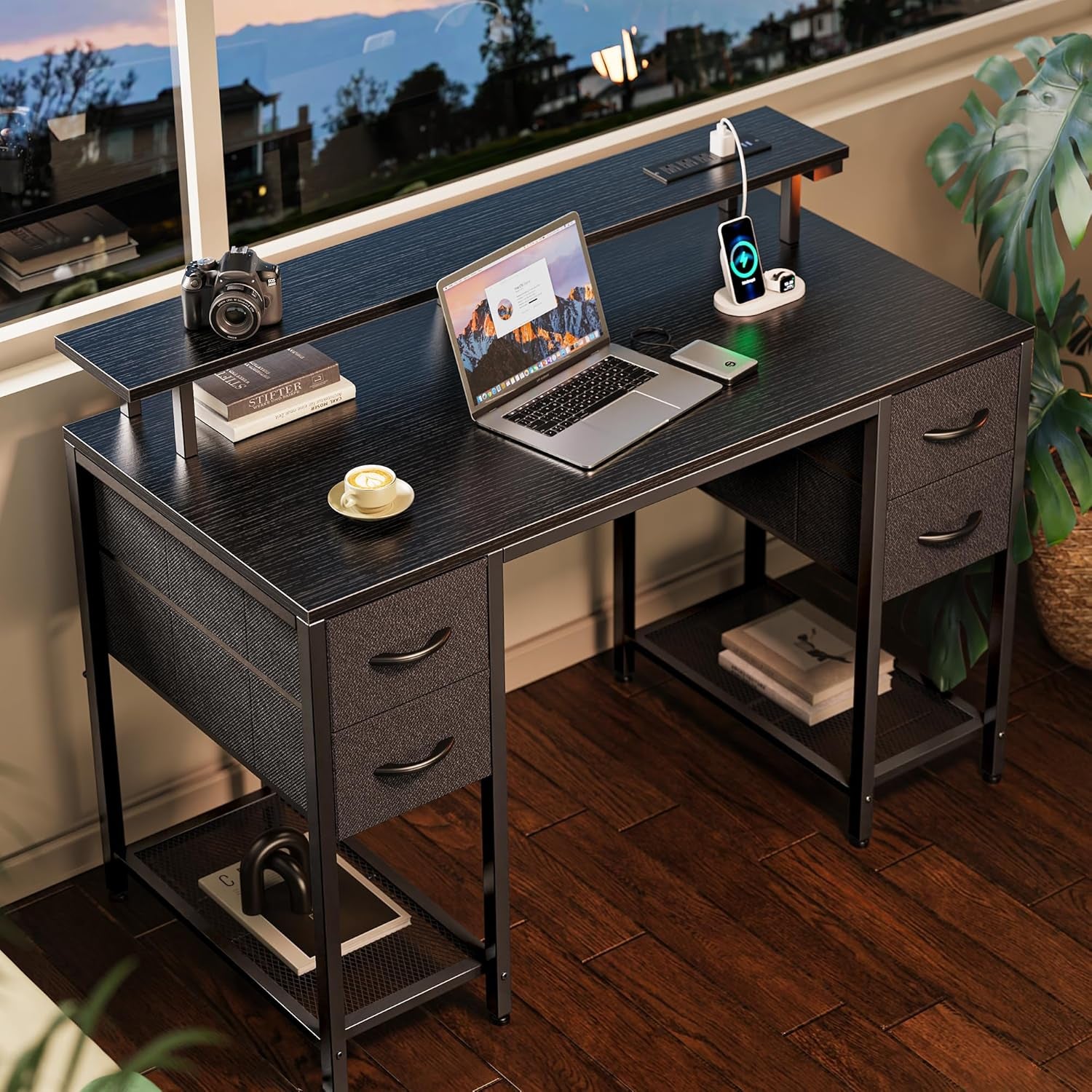 47 Inch Computer Desk with 4 Drawers, Gaming Desk with LED Lights & Power Outlets, Home Office Desk with Large Storage Space for Bedroom, Work from Home, Black