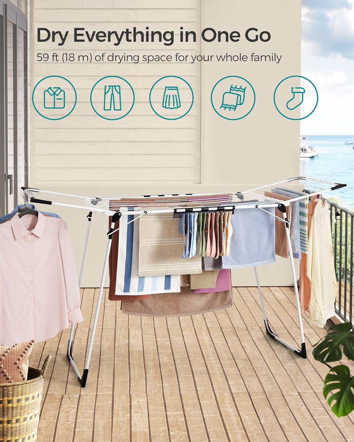 Clothes Drying Rack Foldable, Gullwing Laundry Drying Rack, Space-Saving, 22.2 X 68.1 X 38 Inches, Sock Clips, Metal Structure, for Clothes, Towels, Linens, Indoor, Outdoor White ULLR518W01