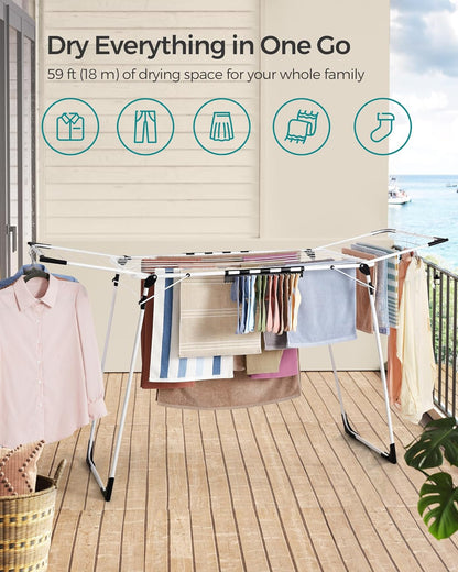Clothes Drying Rack Foldable, Gullwing Laundry Drying Rack, Space-Saving, 22.2 X 68.1 X 38 Inches, Sock Clips, Metal Structure, for Clothes, Towels, Linens, Indoor, Outdoor White ULLR518W01