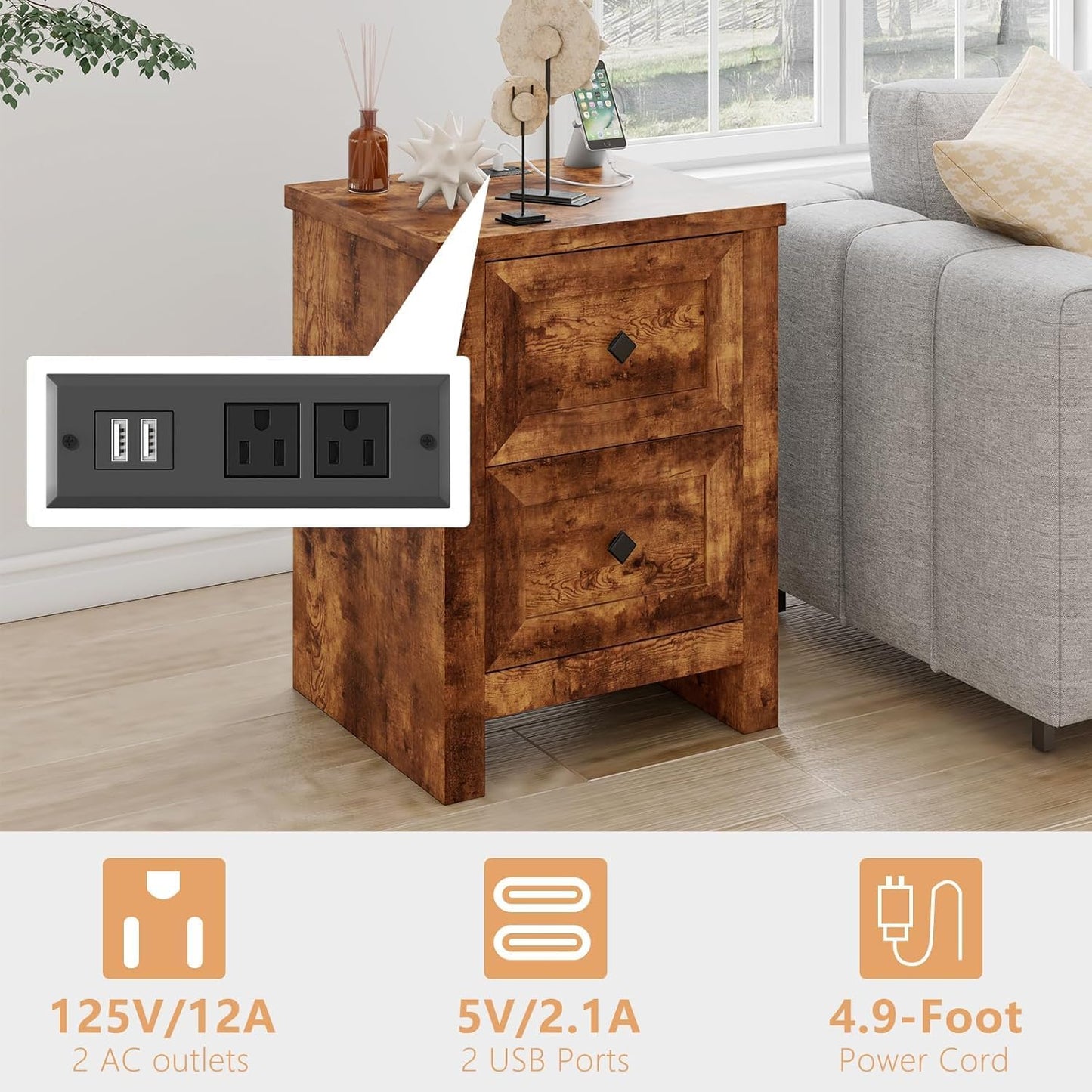 5-Piece Bedroom Set, 1 X Queen Size Bed Frame, 1 X 5 Drawer Dresser, 1 X 6 Drawer Storage Dresser, Nightstand Set of 2 with Charging Station, Farmhouse Bedroom Furniture, Rustic Brown