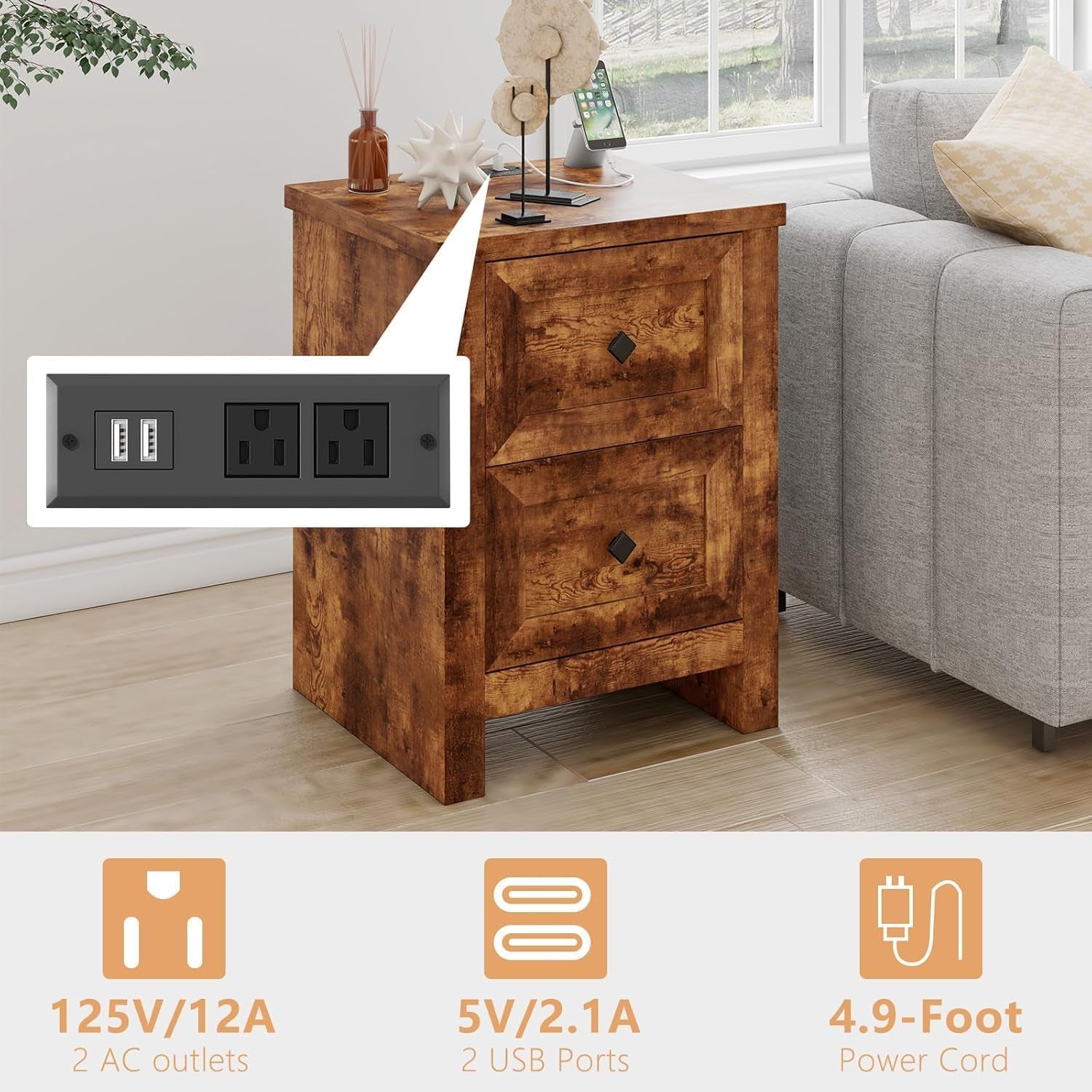 5-Piece Bedroom Set, 1 X Queen Size Bed Frame, 1 X 5 Drawer Dresser, 1 X 6 Drawer Storage Dresser, Nightstand Set of 2 with Charging Station, Farmhouse Bedroom Furniture, Rustic Brown