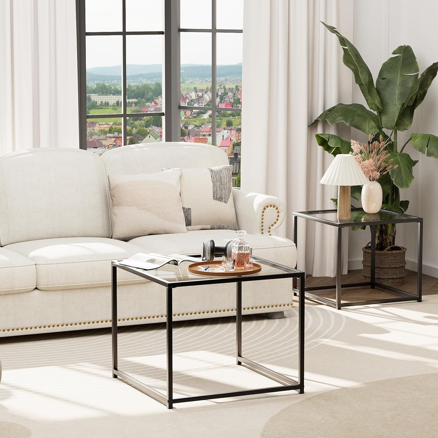 Coffee Table Set of 2, Modern Glass Nesting Table, Metal Frame Square Center Table Set, Side Tables, Nesting Coffee Table for Living Room, Bedroom and Small Spaces, 23.6In Black