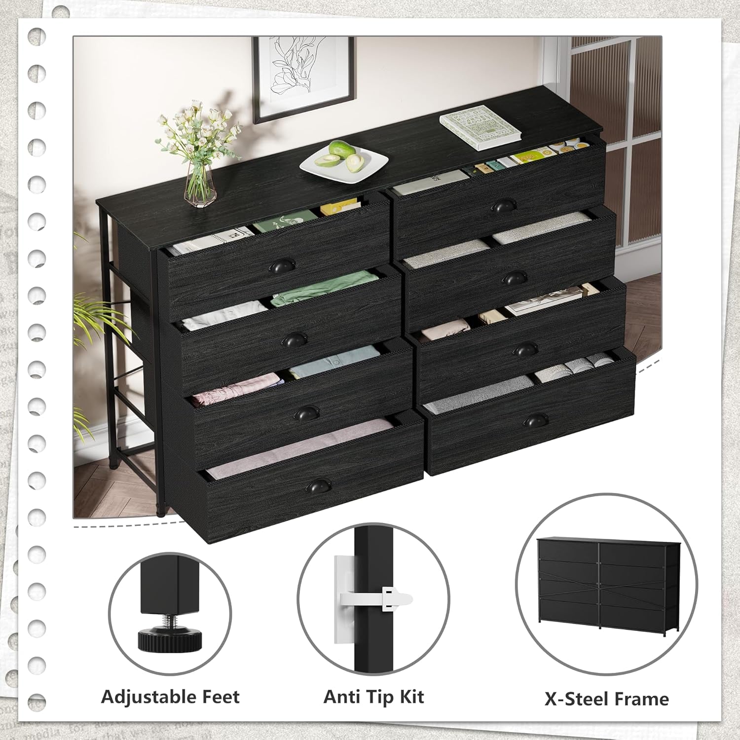 Wide Dresser with 8 Fabric Drawers, TV Entertainment Center with Storage for 55'' TV, Large Chest of Drawers for Bedroom, Living Room, Dorm, Closet, Entryway, Wood Top (Black Oak)