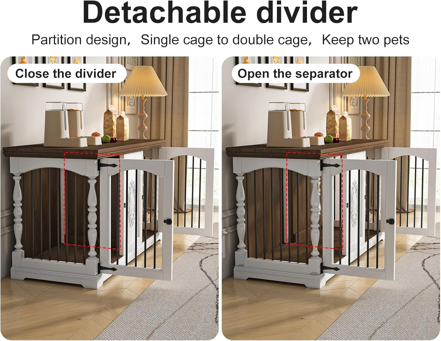 Dog Crate Furniture for 2 Dogs with Hand-Carved Patterns, All-Solid Wood Double Dog Crate & TV Stand, Large Dog Kennel with Divider for Giant Breeds, Heavy Duty Dog Cage, 62In（White）