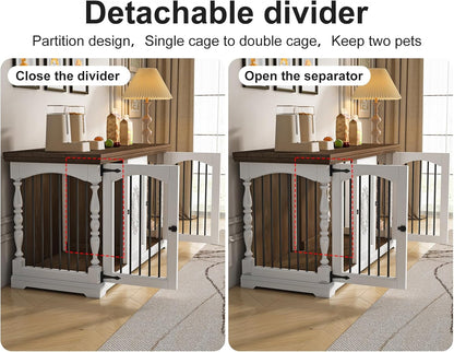 Dog Crate Furniture for 2 Dogs with Hand-Carved Patterns, All-Solid Wood Double Dog Crate & TV Stand, Large Dog Kennel with Divider for Giant Breeds, Heavy Duty Dog Cage, 62In（White）