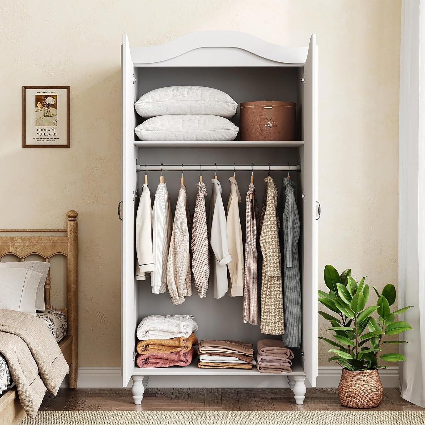 Arched Armoire Wardrobe Closet with 2 Doors, 71" H Wooden Wardrobe Cabinet with Hanging Rod and Shelves, Freestanding Armoire Storage Cabinet for Bedroom, Cloak Room, White