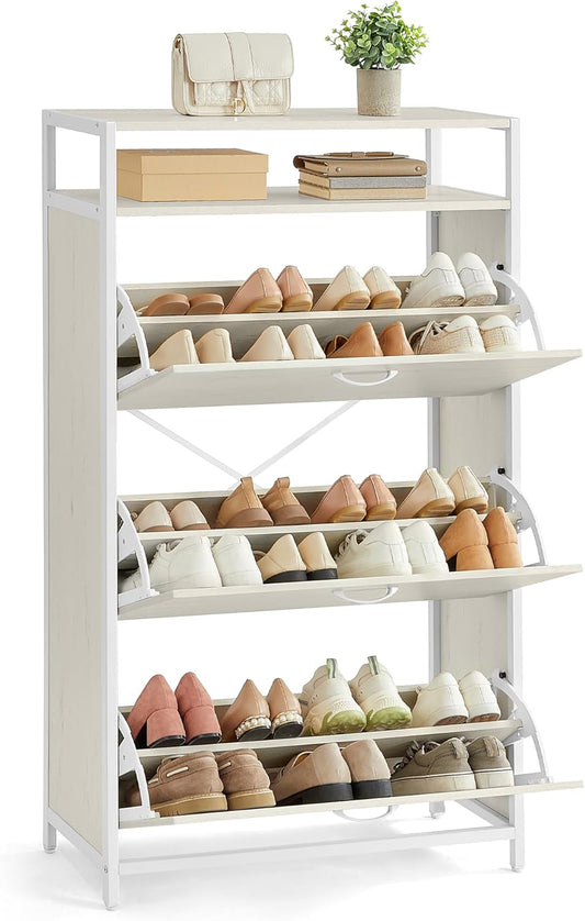 Shoe Cabinet with 3 Flip Drawers, Shoe Storage Cabinet, Asjustable and Removable Dividers, Holds 15-24 Pairs of Shoes, 11.8 X 31.5 X 51.2 Inches, Rustic White and Matte White ULBS802W01