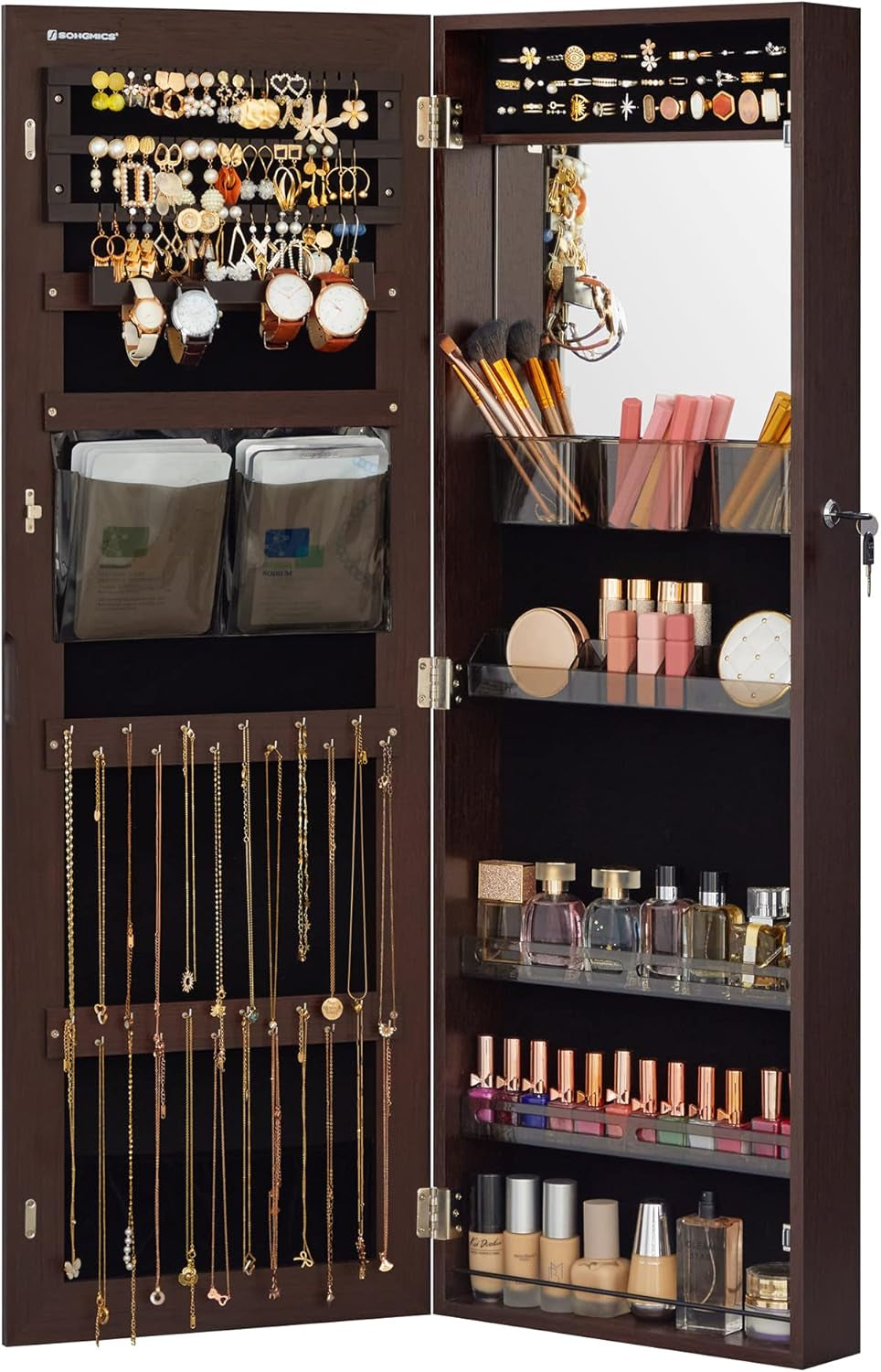 55 Inches Tall Spacious Jewelry Cabinet, Jewelry Armoire with Light-Up Interior Mirror, Wall or Door Mounted Jewelry Storage Organizer, Lockable, Gift Idea, Cloud White UJJC032W01