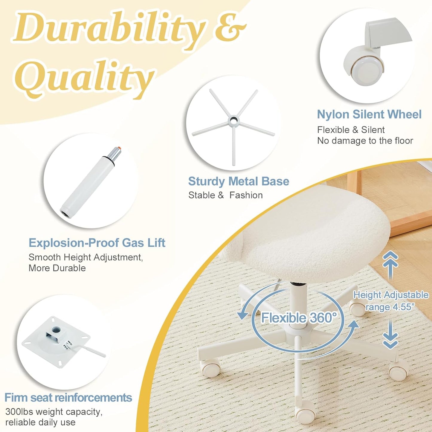 Modern Vanity Chair with Back, Velvet Desk Chair for Girls, Small Office Chair with Silent Wheels， Stylish and Comfortable, White