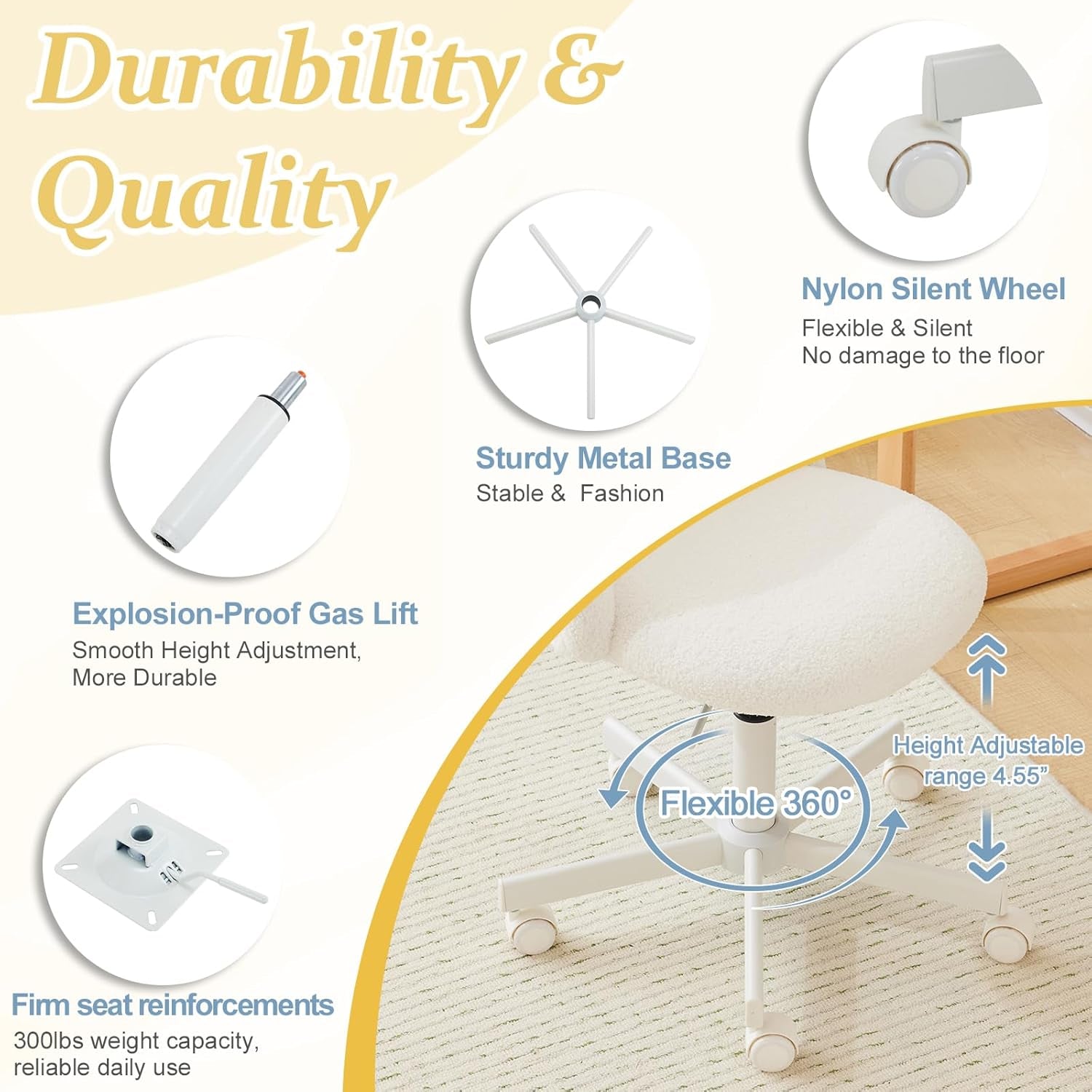 Modern Vanity Chair with Back, Velvet Desk Chair for Girls, Small Office Chair with Silent Wheels， Stylish and Comfortable, White