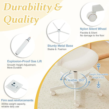 Modern Vanity Chair with Back, Velvet Desk Chair for Girls, Small Office Chair with Silent Wheels， Stylish and Comfortable, White