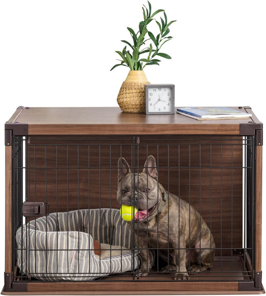 IRIS USA Modern Wooden Dog Crate – Stylish Furniture-Style Indoor Kennel & End Table for Small to Medium Dogs, Secure Enclosed Pet Cage with Sliding Door, Dark Brown