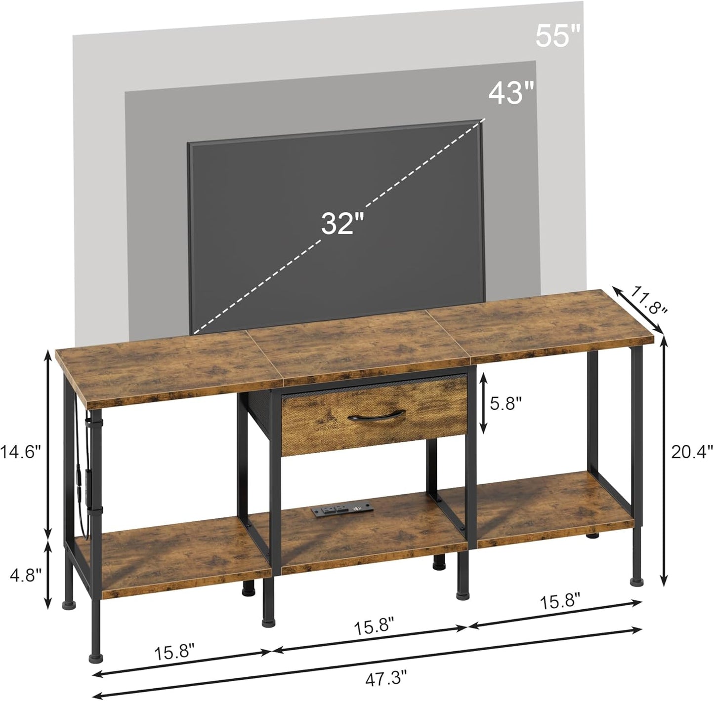 LED TV Stand with Power Outlet and Fabric Drawer for 55 50 45 Inches TV - Entertainment Center and Industrial TV Console Table for Living Room, Bedroom- 47" Rustic Brown
