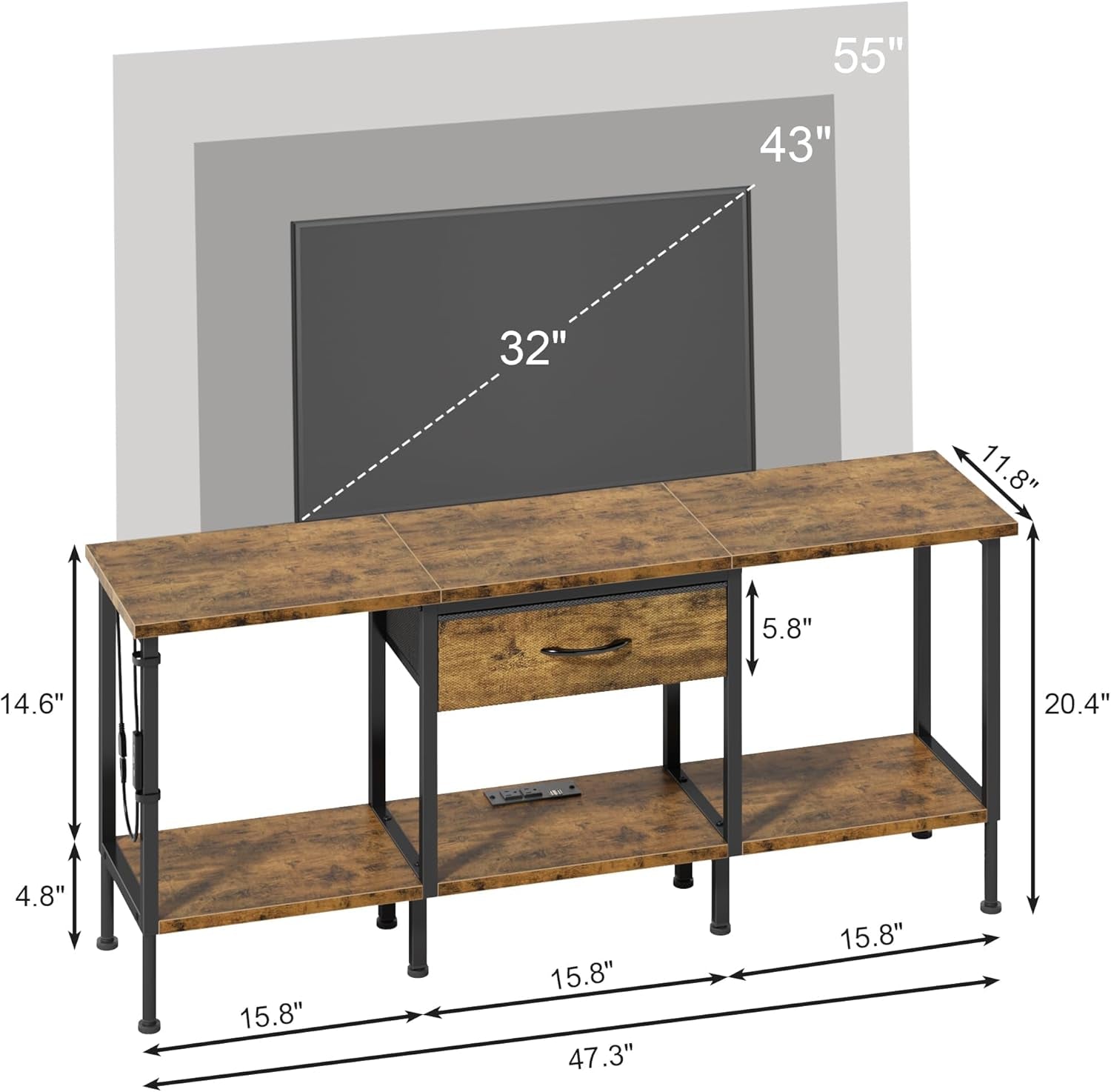 LED TV Stand with Power Outlet and Fabric Drawer for 55 50 45 Inches TV - Entertainment Center and Industrial TV Console Table for Living Room, Bedroom- 47" Rustic Brown