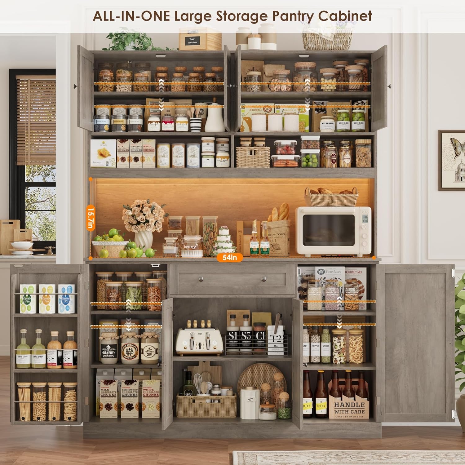 72.8” Tall Kitchen Pantry Cabinet with LED & Charging Station, 55” Wide Farmhouse Pantry Storage Cabinet with Microwave Stand&Shelves&Barn Doors, Kitchen Hutch Coffee Bar for Living Room, Grey