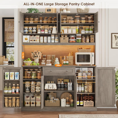 72.8” Tall Kitchen Pantry Cabinet with LED & Charging Station, 55” Wide Farmhouse Pantry Storage Cabinet with Microwave Stand&Shelves&Barn Doors, Kitchen Hutch Coffee Bar for Living Room, Grey
