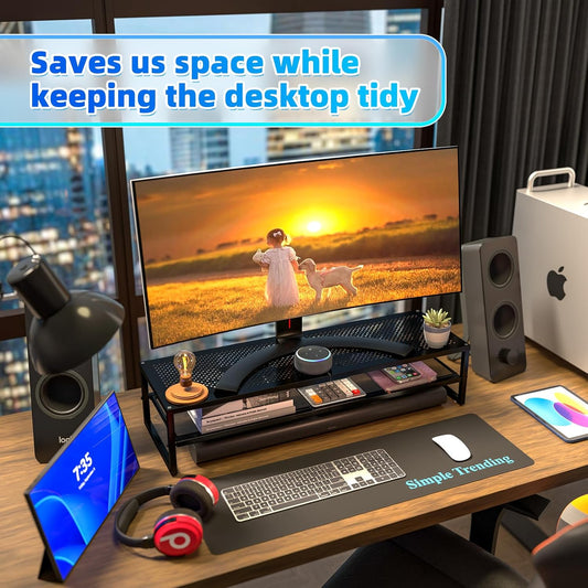 2 Tier Metal Dual Monitor Stand Riser,Computer Office Desktop Organizer for 2 Monitors with 32"X10" Mouse Pad ,For Laptop,Printer,Tv,Black